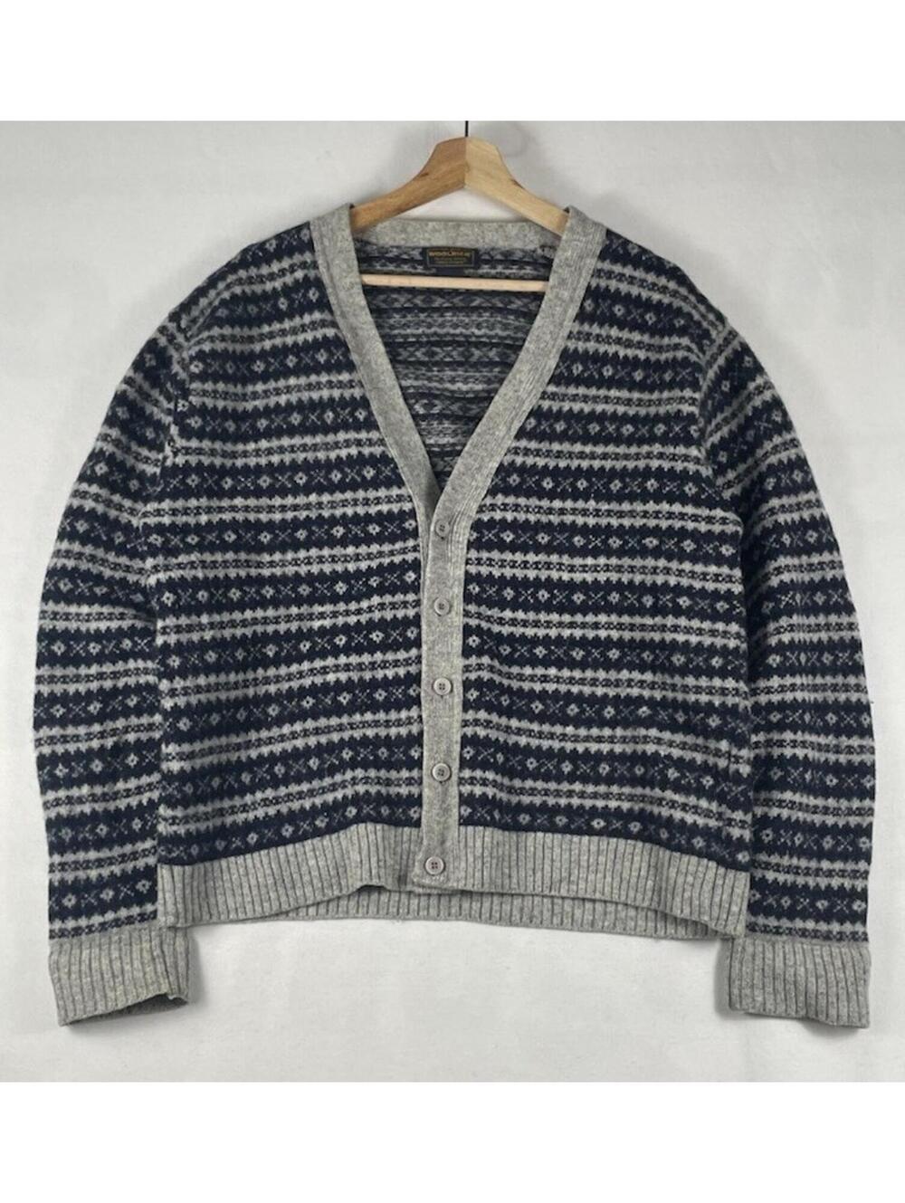 Vintage Woolrich Gray Navy Pattern Striped Cardigan Wool Sz L